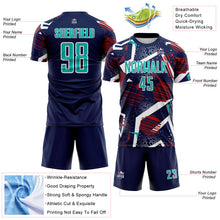 Laden Sie das Bild in den Galerie-Viewer, Custom Navy Aqua Red White-Black Geometric Asymmetry Shatter Sublimation Soccer Uniform Jersey
