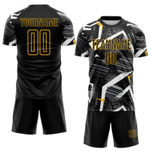 Load image into Gallery viewer, Custom Black Gray-Gold Geometric Asymmetry Shatter Sublimation Soccer Uniform Jersey
