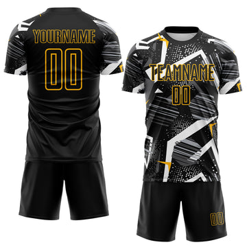 Custom Black Gray-Gold Geometric Asymmetry Shatter Sublimation Soccer Uniform Jersey
