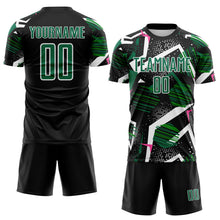 Load image into Gallery viewer, Custom Black Kelly Green Pink-White Geometric Asymmetry Shatter Sublimation Soccer Uniform Jersey
