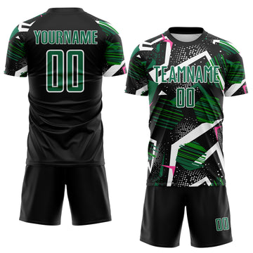 Custom Black Kelly Green Pink-White Geometric Asymmetry Shatter Sublimation Soccer Uniform Jersey