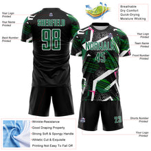 Load image into Gallery viewer, Custom Black Kelly Green Pink-White Geometric Asymmetry Shatter Sublimation Soccer Uniform Jersey
