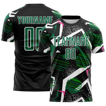 Load image into Gallery viewer, Custom Black Kelly Green Pink-White Geometric Asymmetry Shatter Sublimation Soccer Uniform Jersey
