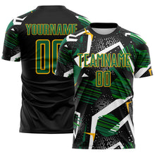 Load image into Gallery viewer, Custom Black Kelly Green White-Gold Geometric Asymmetry Shatter Sublimation Soccer Uniform Jersey
