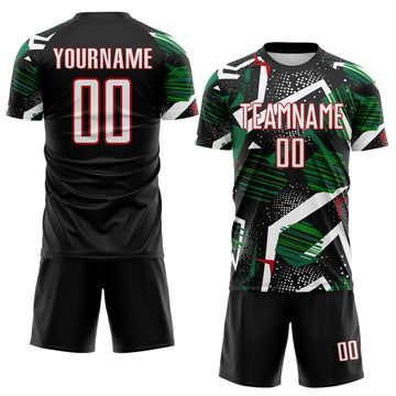 Custom Black White Green-Red Geometric Asymmetry Shatter Sublimation Soccer Uniform Jersey