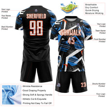 Load image into Gallery viewer, Custom Black White Blue-Orange Geometric Asymmetry Shatter Sublimation Soccer Uniform Jersey
