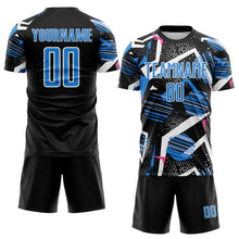 Laden Sie das Bild in den Galerie-Viewer, Custom Black Powder Blue Pink-White Geometric Asymmetry Shatter Sublimation Soccer Uniform Jersey
