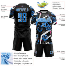 Laden Sie das Bild in den Galerie-Viewer, Custom Black Powder Blue Pink-White Geometric Asymmetry Shatter Sublimation Soccer Uniform Jersey
