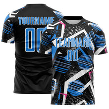 Laden Sie das Bild in den Galerie-Viewer, Custom Black Powder Blue Pink-White Geometric Asymmetry Shatter Sublimation Soccer Uniform Jersey
