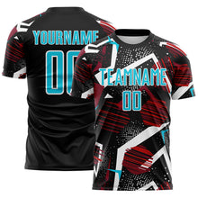 Load image into Gallery viewer, Custom Black Lakes Blue Red-White Geometric Asymmetry Shatter Sublimation Soccer Uniform Jersey
