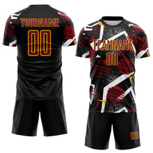 Laden Sie das Bild in den Galerie-Viewer, Custom Black Crimson White-Gold Geometric Asymmetry Shatter Sublimation Soccer Uniform Jersey
