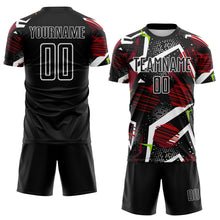 Load image into Gallery viewer, Custom Black Red Neon Green-White Geometric Asymmetry Shatter Sublimation Soccer Uniform Jersey

