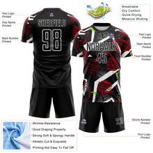 Load image into Gallery viewer, Custom Black Red Neon Green-White Geometric Asymmetry Shatter Sublimation Soccer Uniform Jersey
