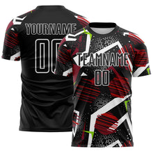 Load image into Gallery viewer, Custom Black Red Neon Green-White Geometric Asymmetry Shatter Sublimation Soccer Uniform Jersey
