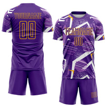 Load image into Gallery viewer, Custom Purple White-Gold Geometric Asymmetry Shatter Sublimation Soccer Uniform Jersey
