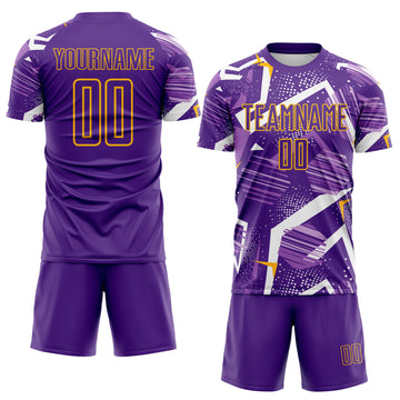 Custom Purple White-Gold Geometric Asymmetry Shatter Sublimation Soccer Uniform Jersey