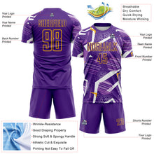 Load image into Gallery viewer, Custom Purple White-Gold Geometric Asymmetry Shatter Sublimation Soccer Uniform Jersey
