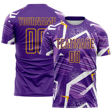 Load image into Gallery viewer, Custom Purple White-Gold Geometric Asymmetry Shatter Sublimation Soccer Uniform Jersey

