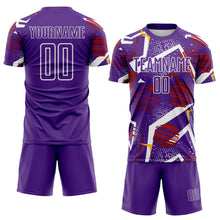 Laden Sie das Bild in den Galerie-Viewer, Custom Purple Red Gold-White Geometric Asymmetry Shatter Sublimation Soccer Uniform Jersey
