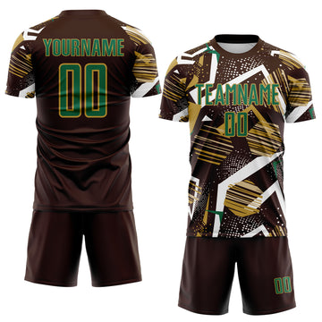 Custom Brown Kelly Green White-Old Gold Geometric Asymmetry Shatter Sublimation Soccer Uniform Jersey