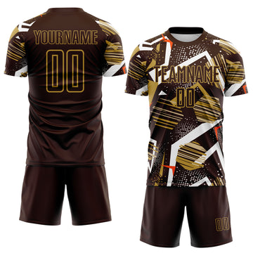 Custom Brown White Orange-Old Gold Geometric Asymmetry Shatter Sublimation Soccer Uniform Jersey
