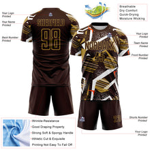 Laden Sie das Bild in den Galerie-Viewer, Custom Brown White Orange-Old Gold Geometric Asymmetry Shatter Sublimation Soccer Uniform Jersey
