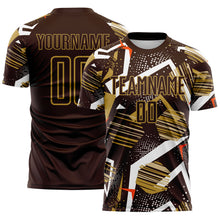 Laden Sie das Bild in den Galerie-Viewer, Custom Brown White Orange-Old Gold Geometric Asymmetry Shatter Sublimation Soccer Uniform Jersey
