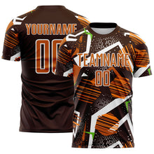 Load image into Gallery viewer, Custom Brown Texas Orange Neon Green-White Geometric Asymmetry Shatter Sublimation Soccer Uniform Jersey
