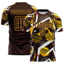 Load image into Gallery viewer, Custom Brown Red White-Gold Geometric Asymmetry Shatter Sublimation Soccer Uniform Jersey
