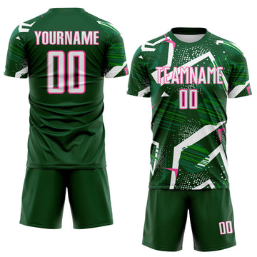 Custom Green White-Pink Geometric Asymmetry Shatter Sublimation Soccer Uniform Jersey