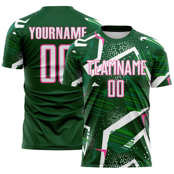 Custom Green White-Pink Geometric Asymmetry Shatter Sublimation Soccer Uniform Jersey