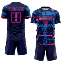 Load image into Gallery viewer, Custom Navy Pink-Blue Abstract Geometric Stripe Fragment Sublimation Soccer Uniform Jersey
