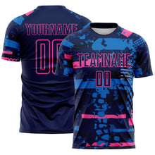 Load image into Gallery viewer, Custom Navy Pink-Blue Abstract Geometric Stripe Fragment Sublimation Soccer Uniform Jersey
