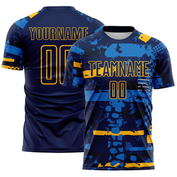 Custom Navy Gold-Blue Abstract Geometric Stripe Fragment Sublimation Soccer Uniform Jersey