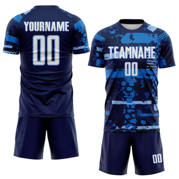 Custom Navy White Light Blue-Blue Abstract Geometric Stripe Fragment Sublimation Soccer Uniform Jersey