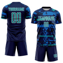 Laden Sie das Bild in den Galerie-Viewer, Custom Navy Teal Blue-White Abstract Geometric Stripe Fragment Sublimation Soccer Uniform Jersey
