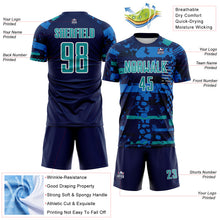 Laden Sie das Bild in den Galerie-Viewer, Custom Navy Teal Blue-White Abstract Geometric Stripe Fragment Sublimation Soccer Uniform Jersey
