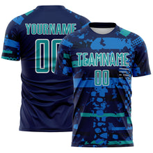 Laden Sie das Bild in den Galerie-Viewer, Custom Navy Teal Blue-White Abstract Geometric Stripe Fragment Sublimation Soccer Uniform Jersey
