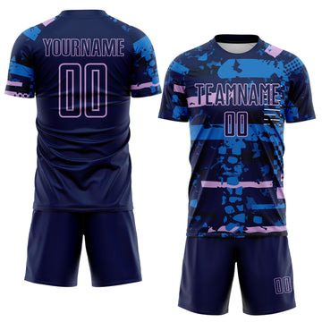 Custom Navy Light Purple-Blue Abstract Geometric Stripe Fragment Sublimation Soccer Uniform Jersey