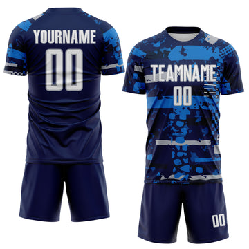 Custom Navy White Gray-Blue Abstract Geometric Stripe Fragment Sublimation Soccer Uniform Jersey