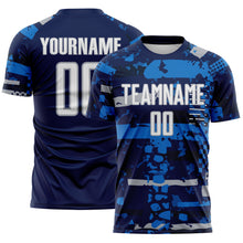 Load image into Gallery viewer, Custom Navy White Gray-Blue Abstract Geometric Stripe Fragment Sublimation Soccer Uniform Jersey
