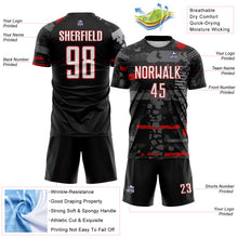 Load image into Gallery viewer, Custom Black White Red-Gray Abstract Geometric Stripe Fragment Sublimation Soccer Uniform Jersey
