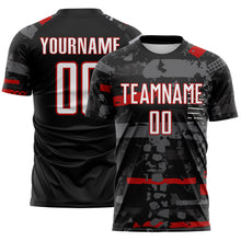 Load image into Gallery viewer, Custom Black White Red-Gray Abstract Geometric Stripe Fragment Sublimation Soccer Uniform Jersey
