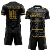 Load image into Gallery viewer, Custom Black Old Gold-Gray Abstract Geometric Stripe Fragment Sublimation Soccer Uniform Jersey
