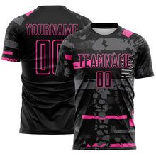 Load image into Gallery viewer, Custom Black Pink-Gray Abstract Geometric Stripe Fragment Sublimation Soccer Uniform Jersey
