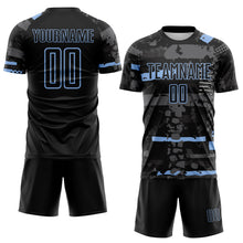 Laden Sie das Bild in den Galerie-Viewer, Custom Black Light Blue-Gray Abstract Geometric Stripe Fragment Sublimation Soccer Uniform Jersey
