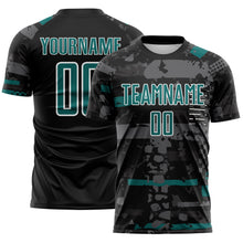Load image into Gallery viewer, Custom Black Teal Gray-White Abstract Geometric Stripe Fragment Sublimation Soccer Uniform Jersey
