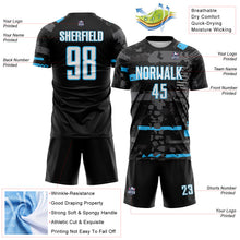 Load image into Gallery viewer, Custom Black White Sky Blue-Gray Abstract Geometric Stripe Fragment Sublimation Soccer Uniform Jersey
