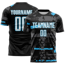 Load image into Gallery viewer, Custom Black White Sky Blue-Gray Abstract Geometric Stripe Fragment Sublimation Soccer Uniform Jersey
