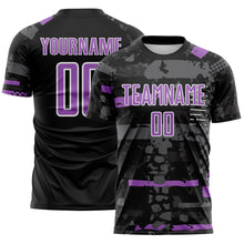 Load image into Gallery viewer, Custom Black Medium Purple Gray-White Abstract Geometric Stripe Fragment Sublimation Soccer Uniform Jersey
